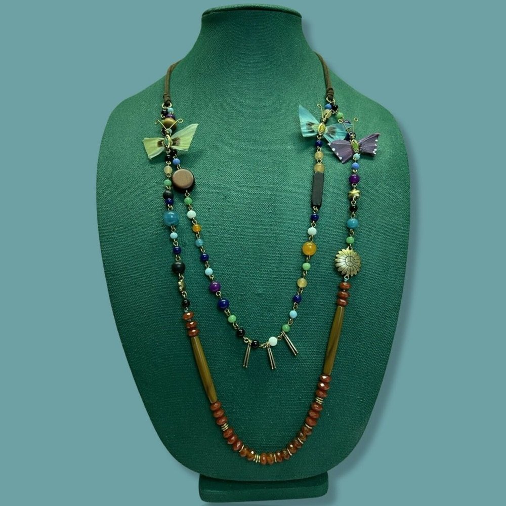 BOHO VINTAGE 2 Strand Statement Necklace Feather Butterflies Beads Glass & MORE